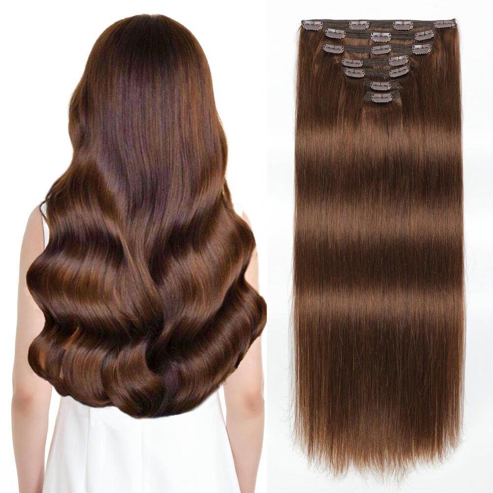 Human Hair Clip in Extensions 22 Inch Straight Brown 170g Seamless Double Weft